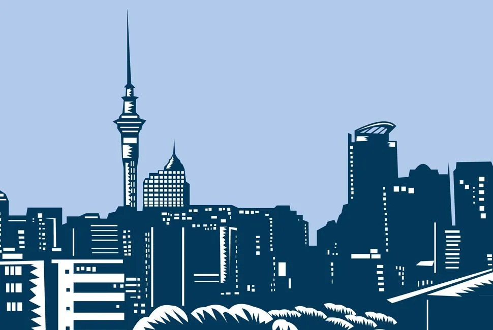 Illustration of the Auckland city skyline with the sky tower in background in Auckland New Zealand set inside oval done in retro woodcut style.