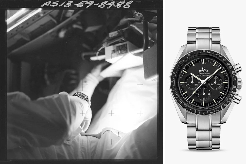 An image of an Apollo 13 Astronaut wearing a Omega Speedmaster watch on his wrist inside the capsule. The photograph is positioned next to a product image of the Omega Speedmaster watch against a grey background. 