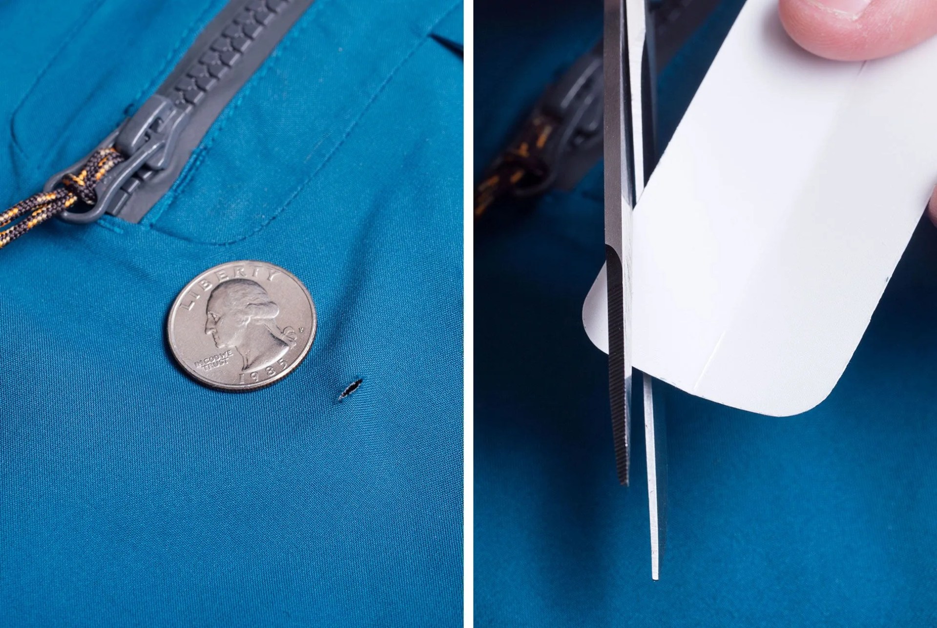 a quarter sitting on a jacket with a hole next to an image of a person cutting a patch to repair it