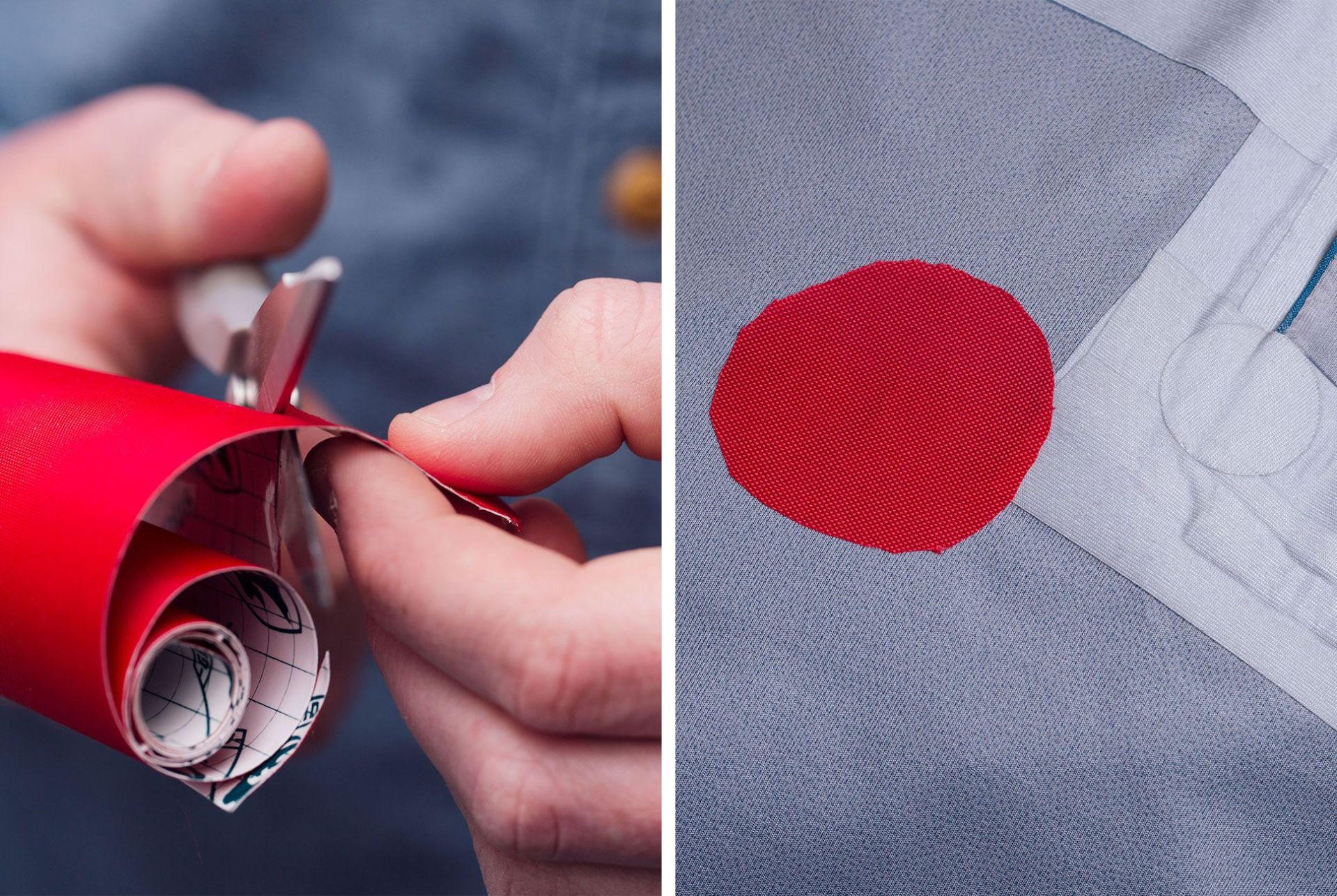 a person repairing a jacket with tenacious tape