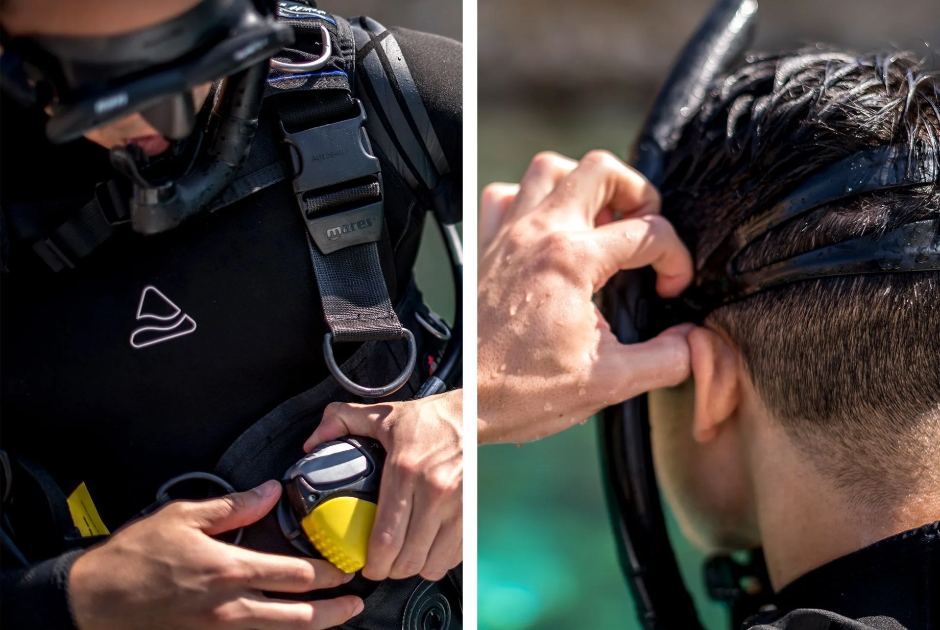 diver adjusting belt and goggles