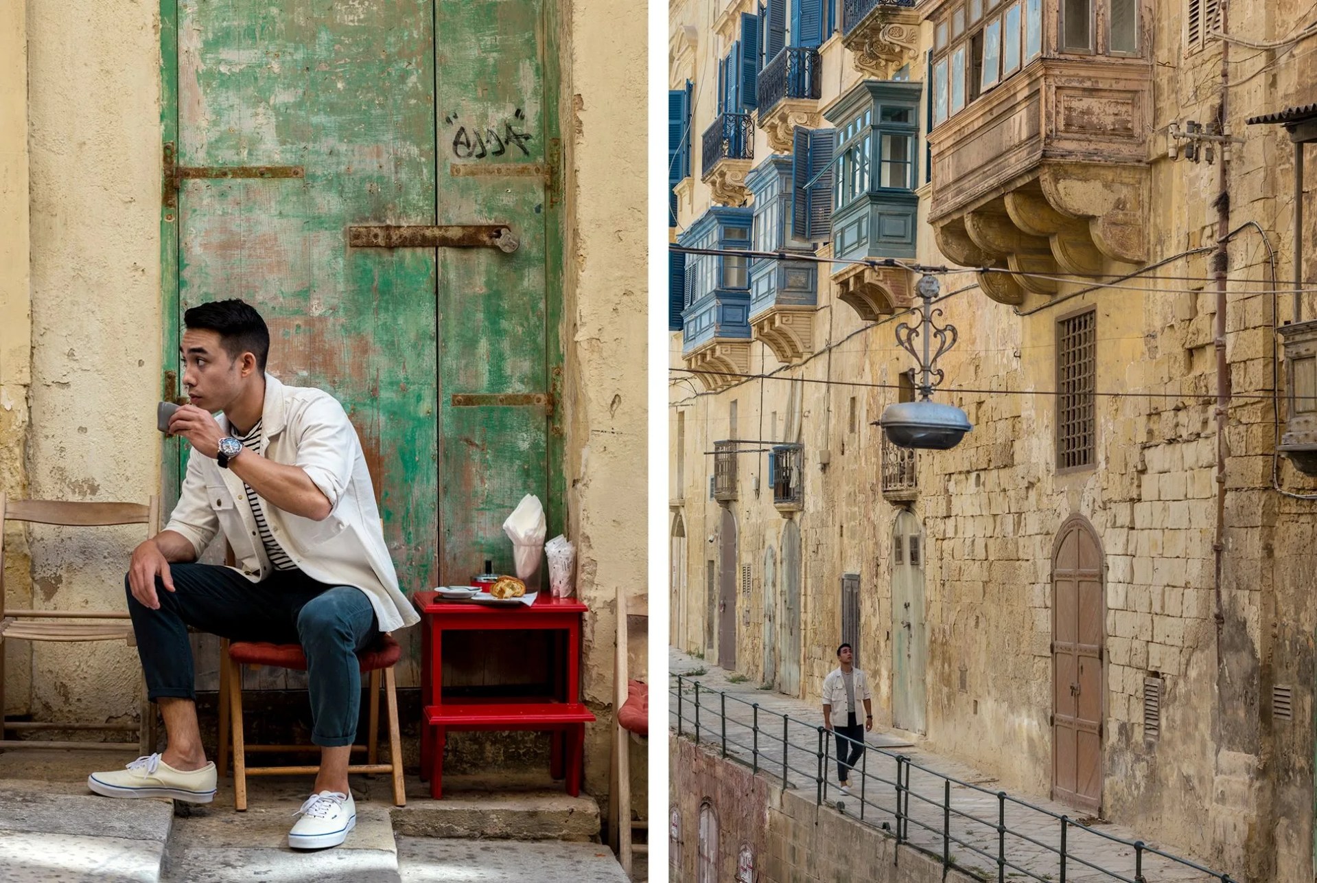 man drinking coffee in city