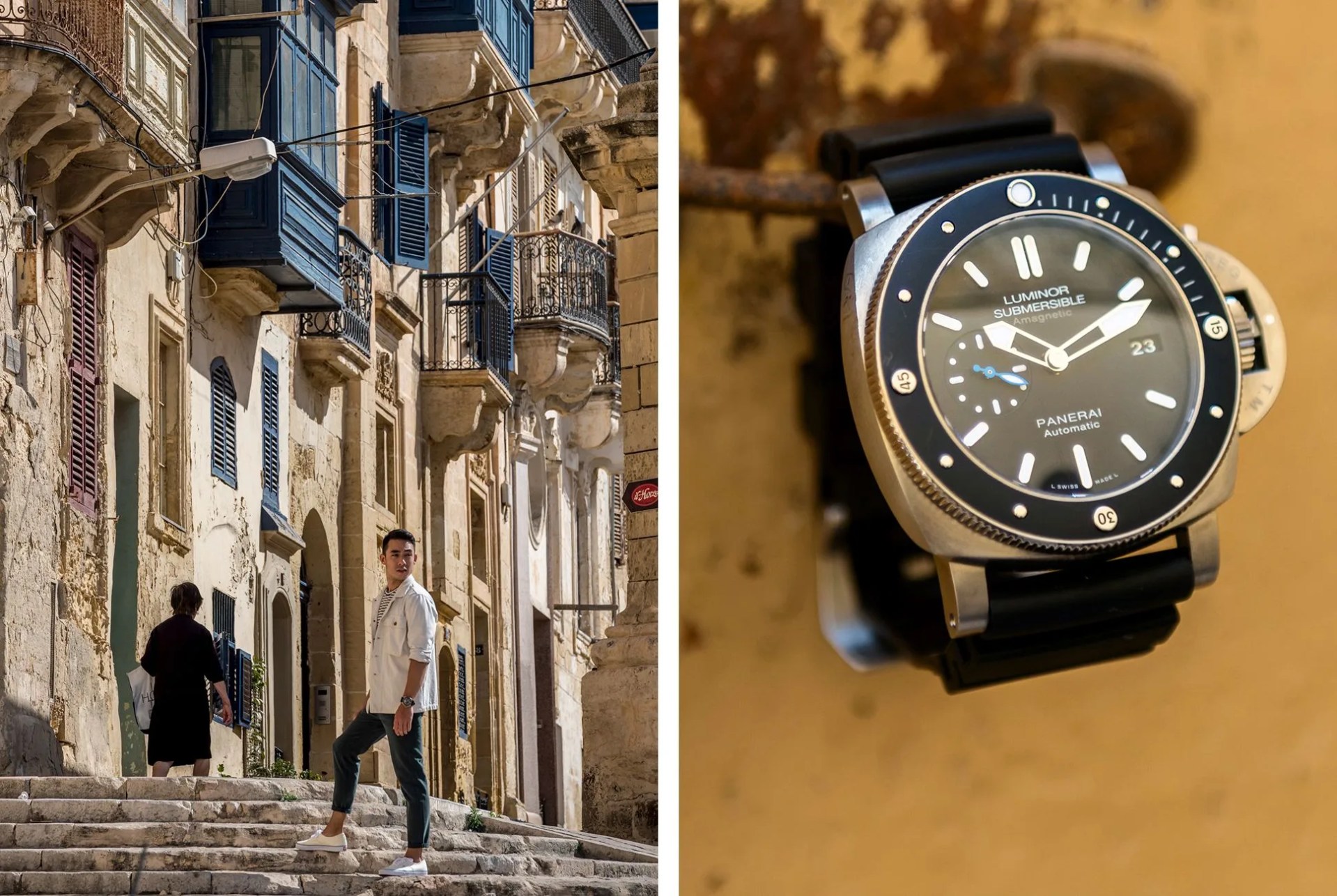 man walking through city with panerai watch