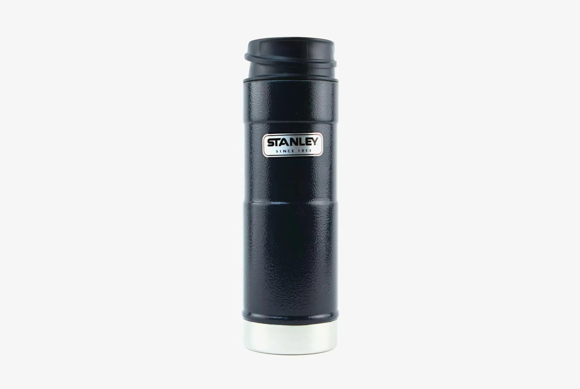 a navy blue travel mug
