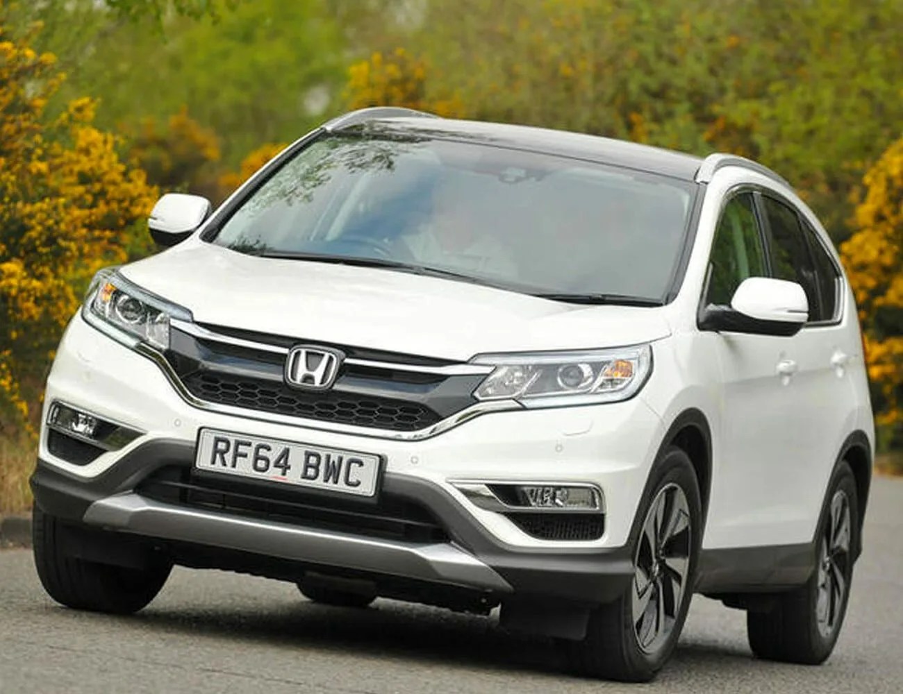 honda cr v driving on road with trees in background