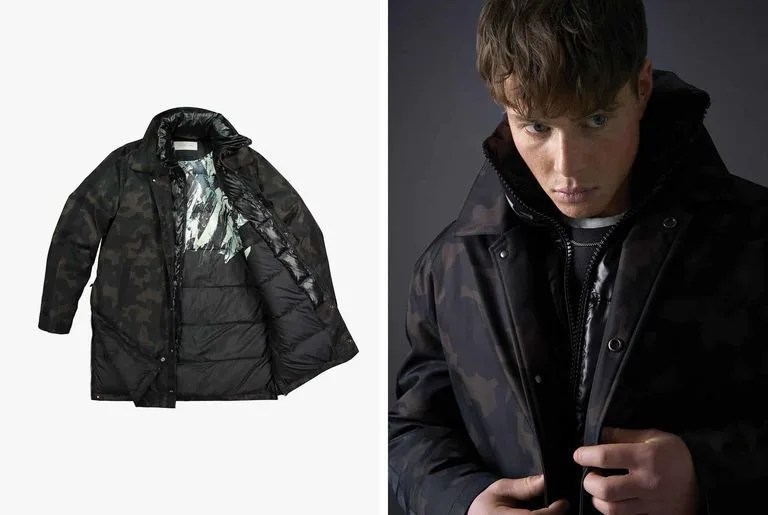 camo parka to the left, man wearing camo parka to the right