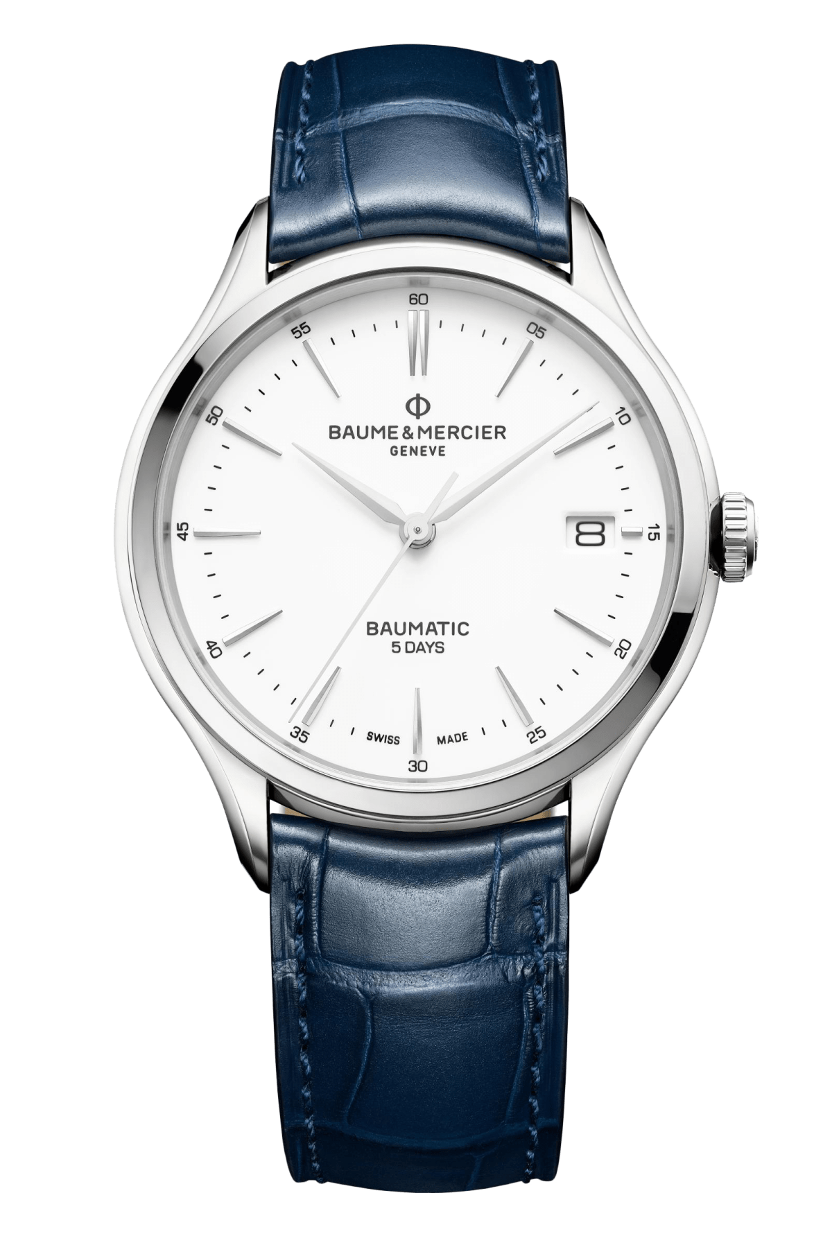 baume mercier watch with a blue crocodile strap