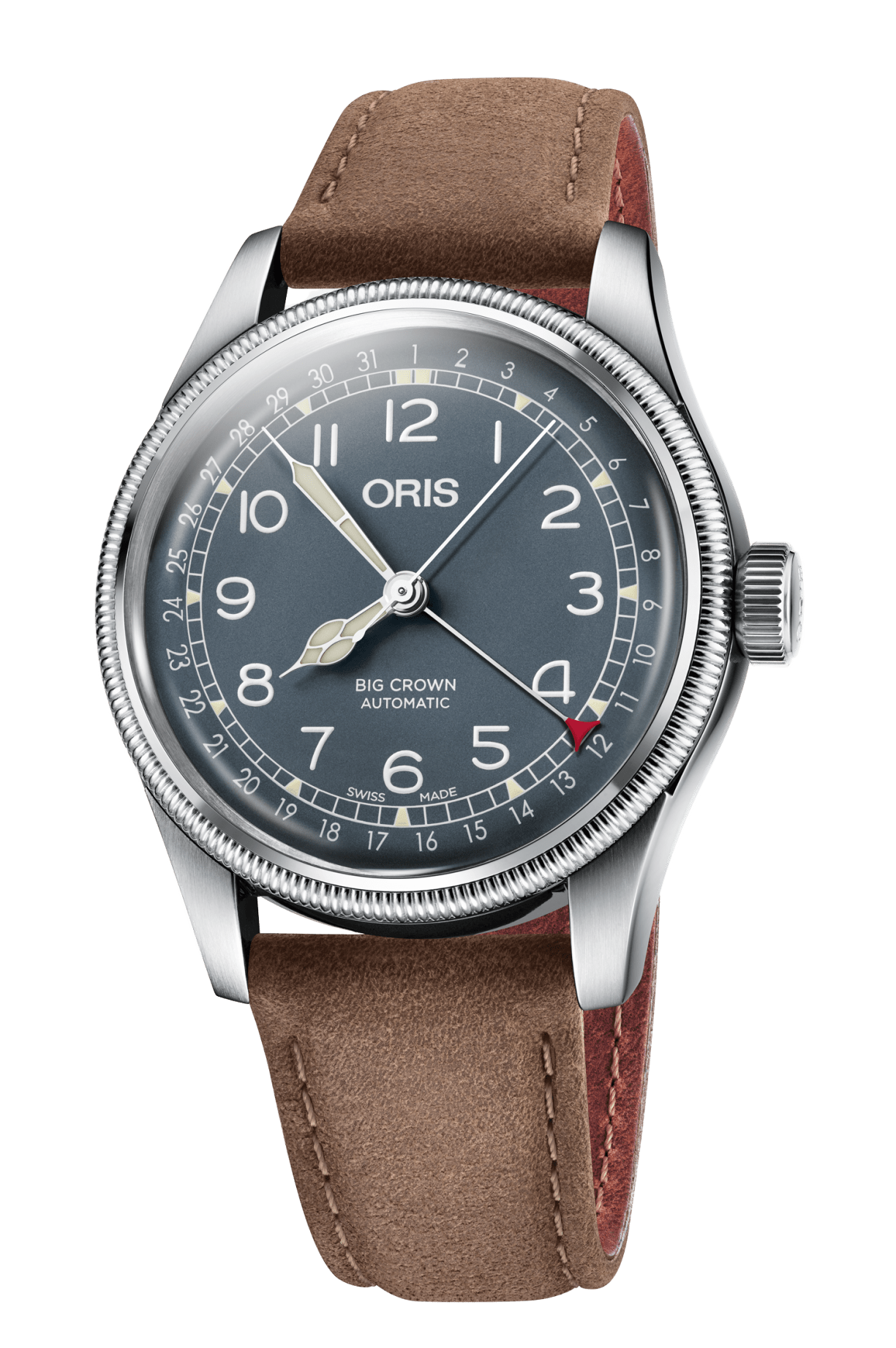 oris watch with a blue face and a light brown strap