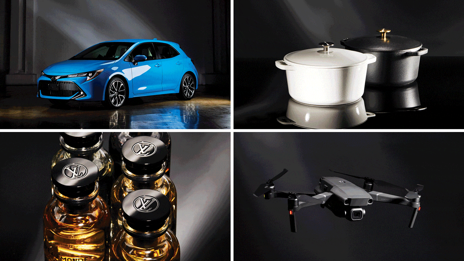 collage of louis vuitton perfume, nike sneakers, a rapha jacket, yeti cooler, and more