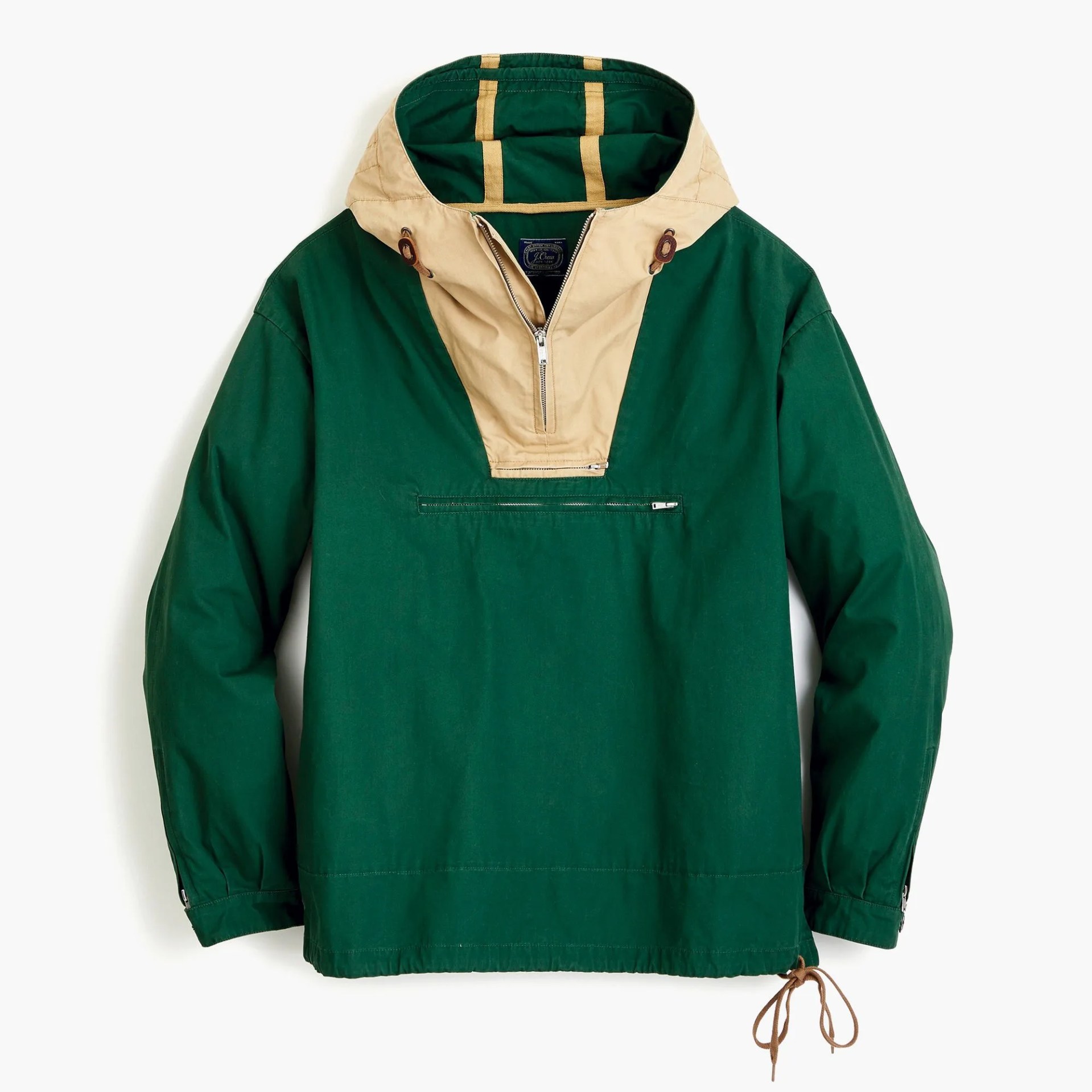 green j crew raincoat with hood and front zipper pocket