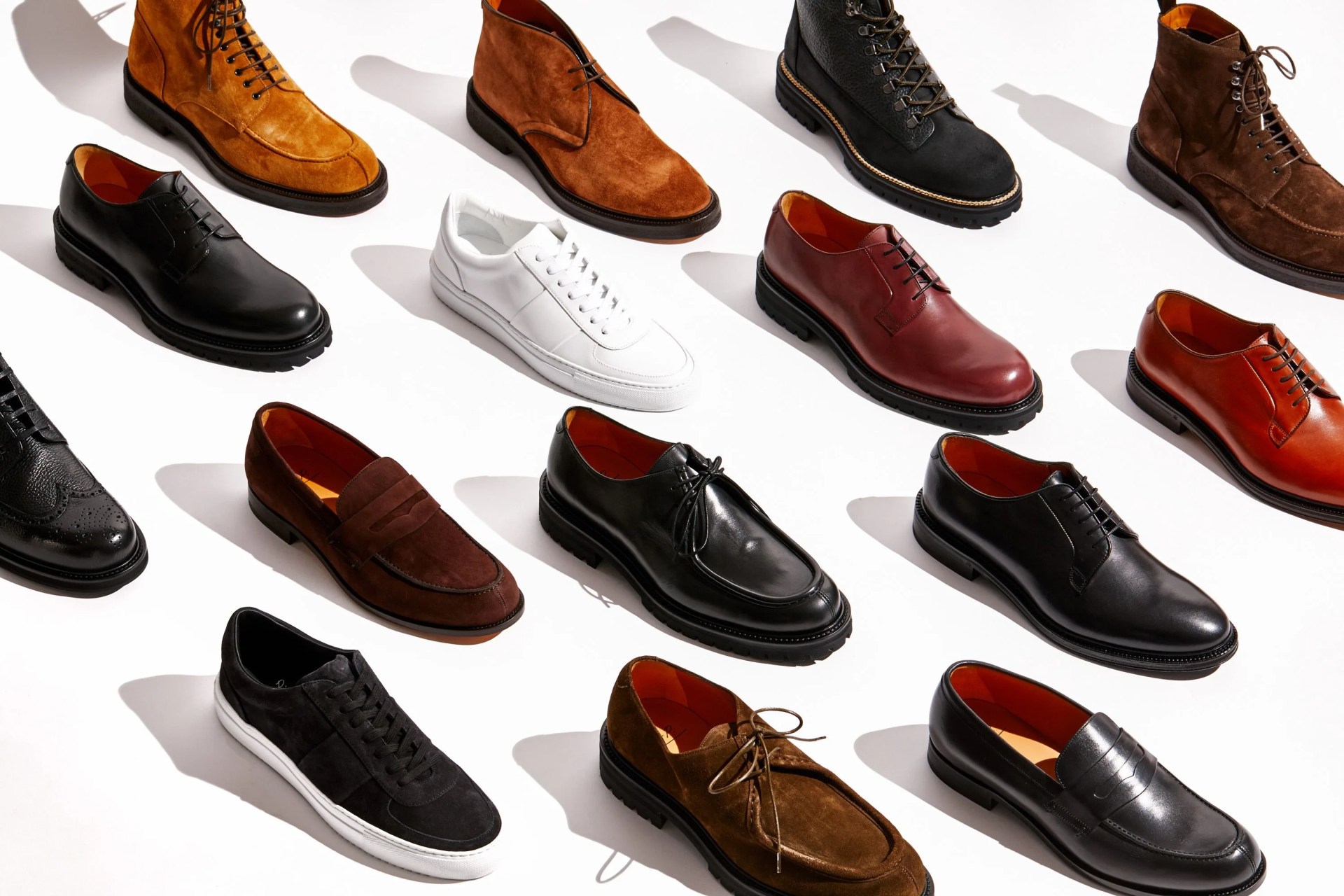 various shoes assembled in a grid   leather shoes, dress shoes, sneakers, and more