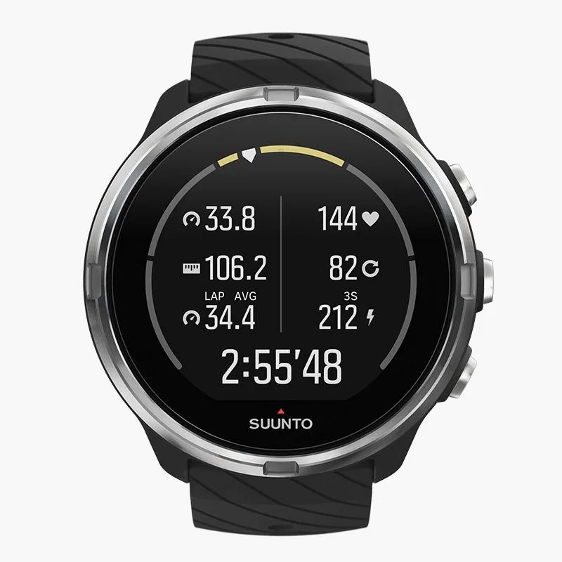 suunto smart watch, turned on, showing various metrics and stats