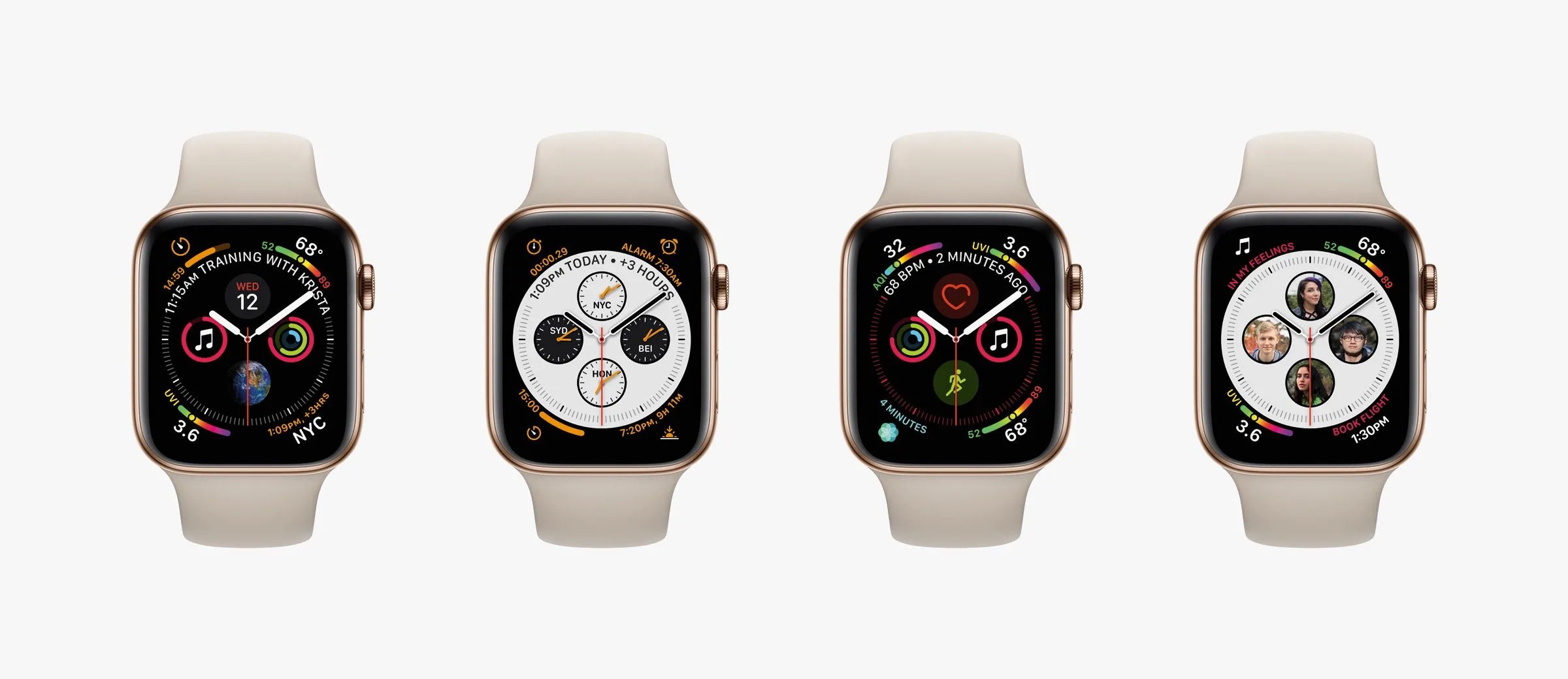 four apple watches, side by side, all with cream silicone straps