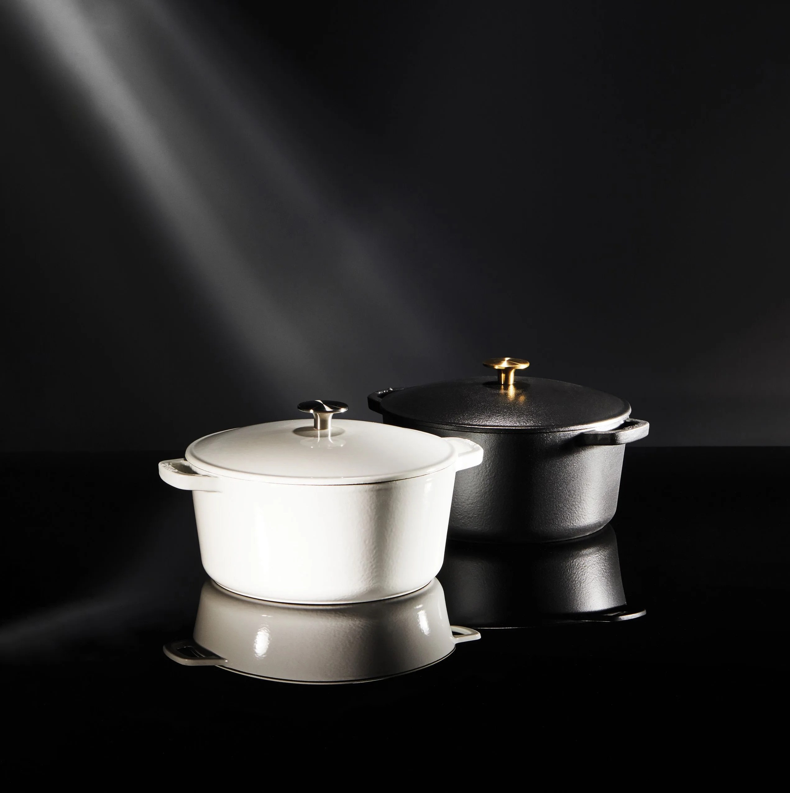 two milo dutch ovens side by side with lids on