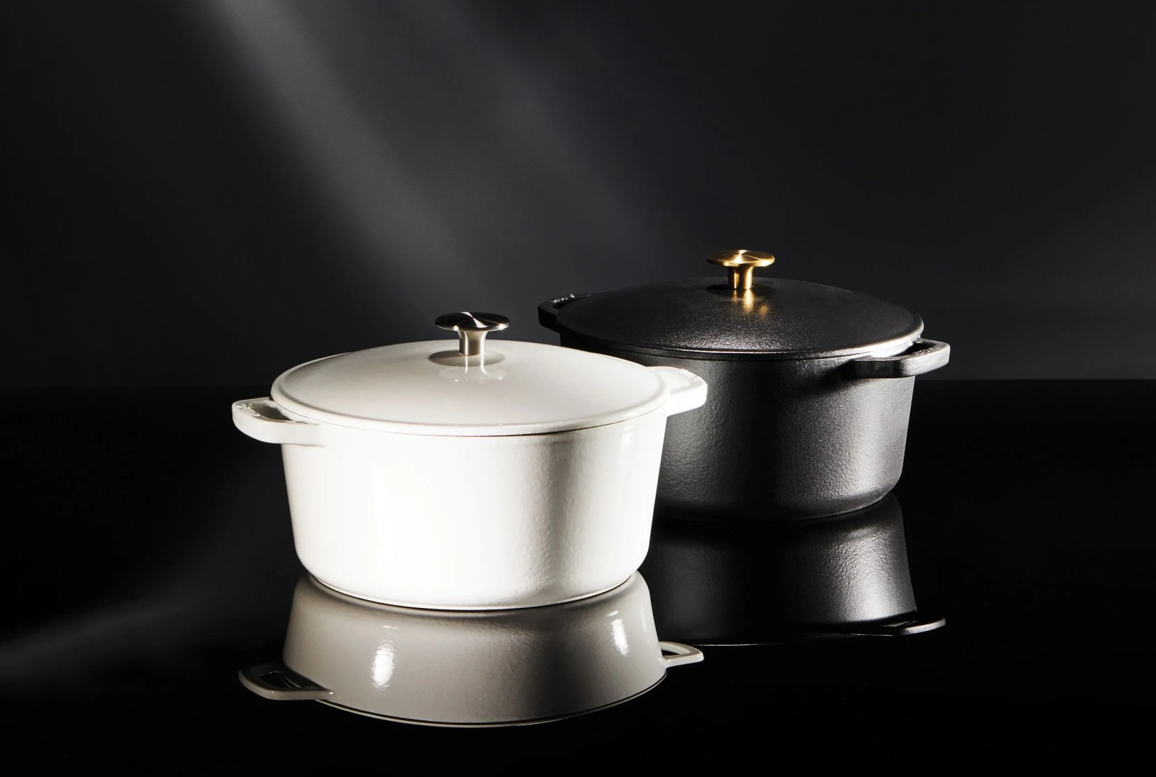 two milo dutch ovens side by side with lids on