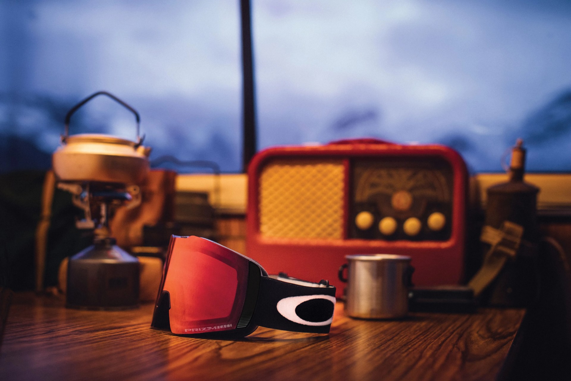 oakley goggles on wooden table