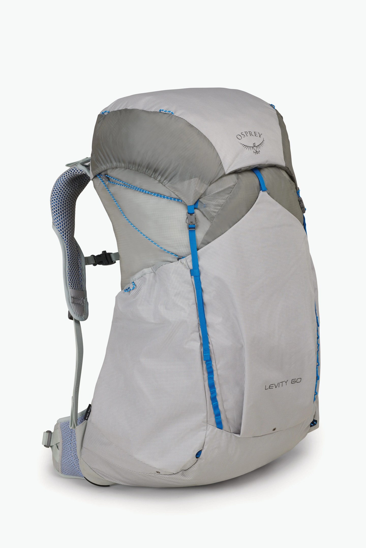 gray osprey backpack standing upright