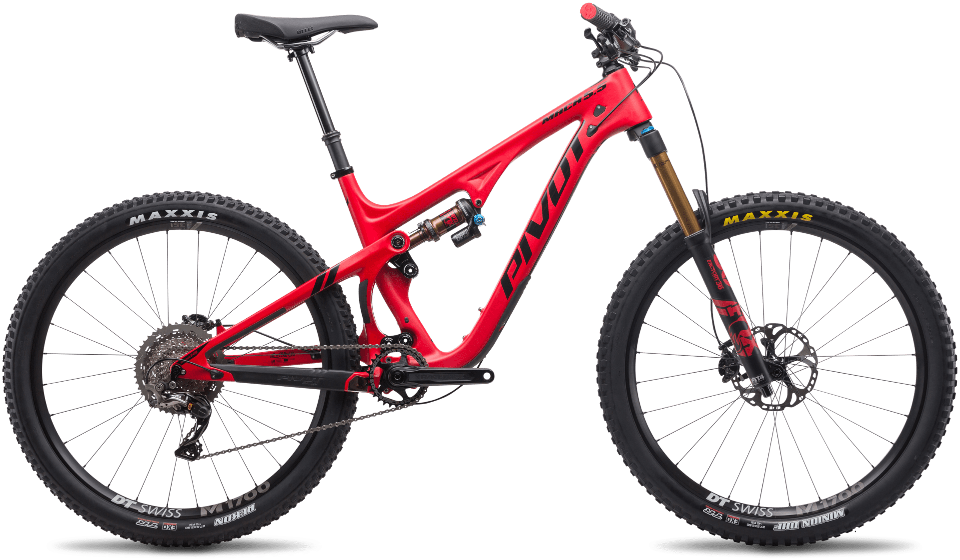 red pivot mountain bike frame with black handles and tires