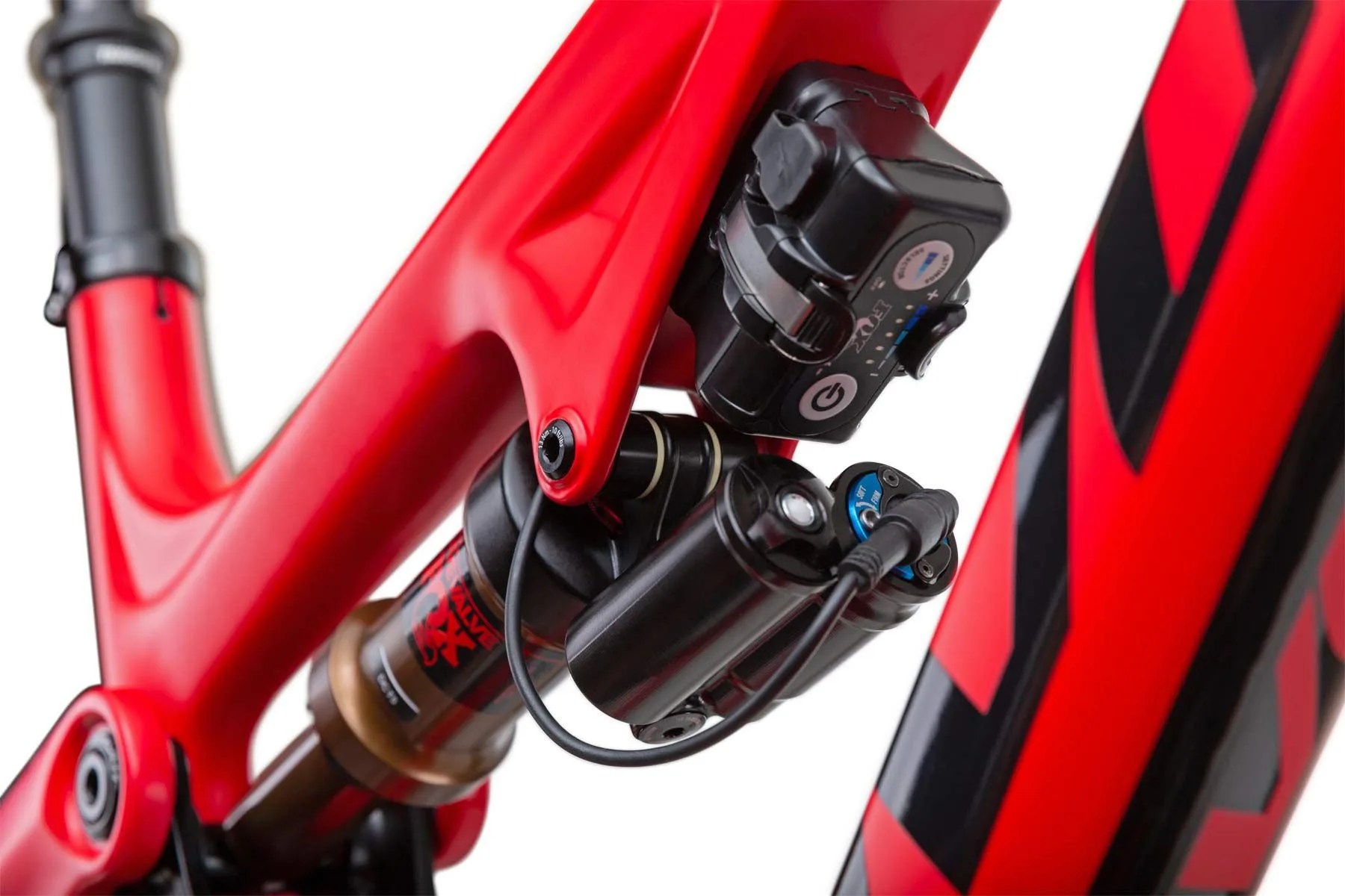 close up of a red mountain bike frame