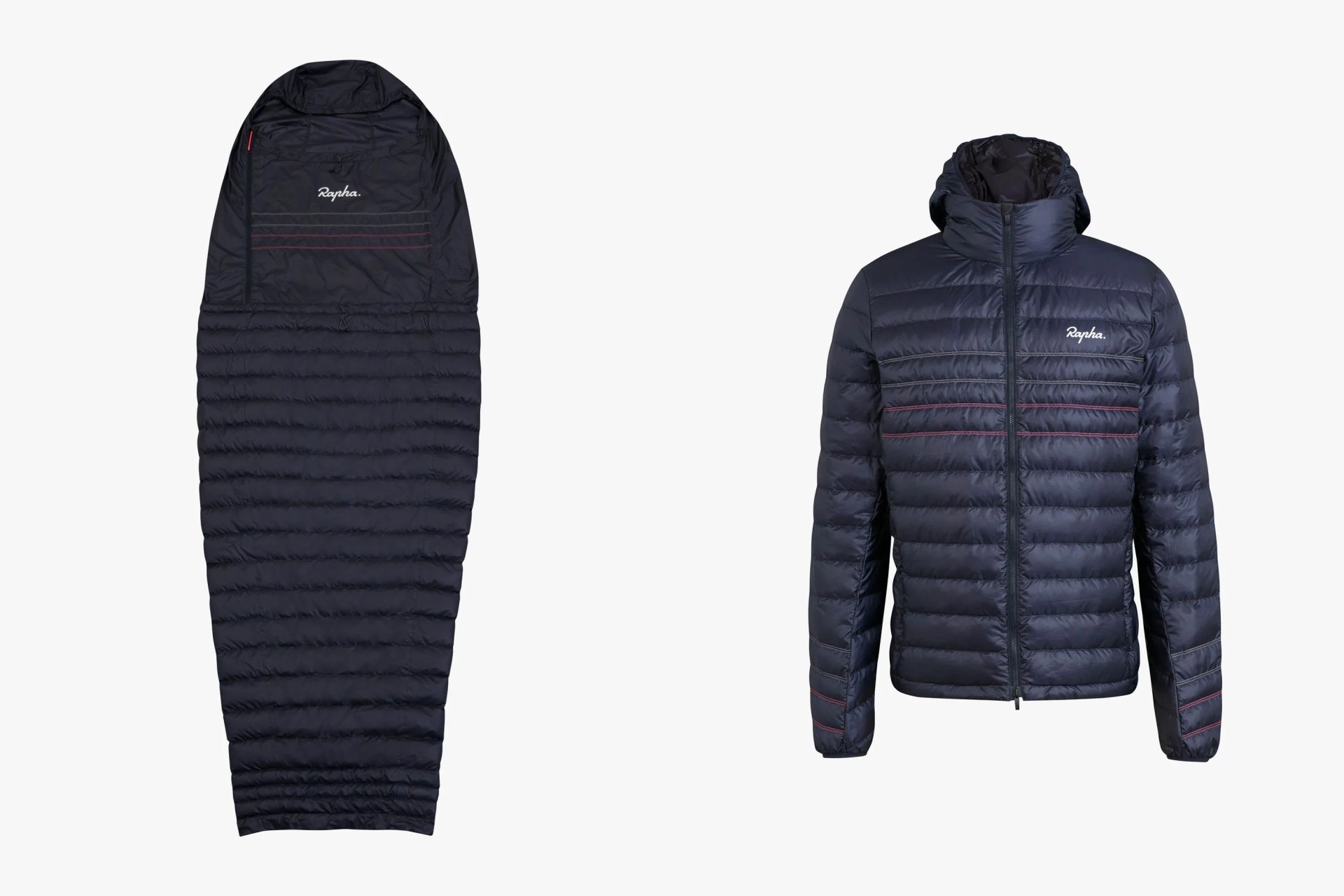 rapha sleeping bag and jacket side by side