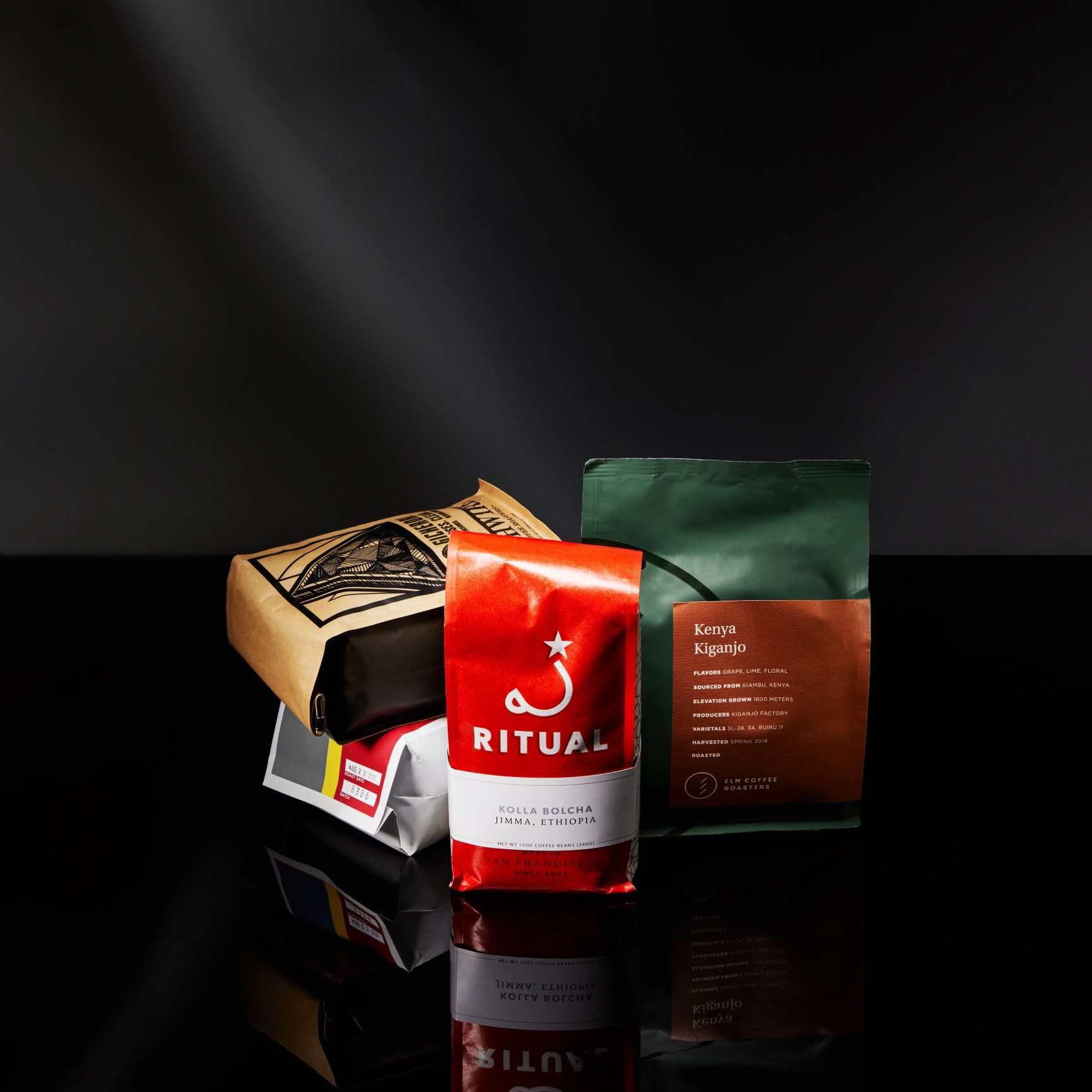 various coffee bags in a pile