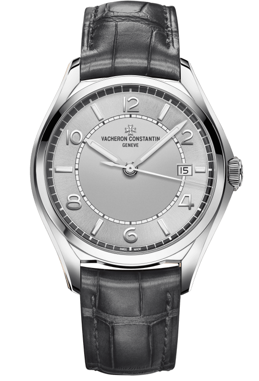 vacheron constantin watch with a silver case and black leather strap