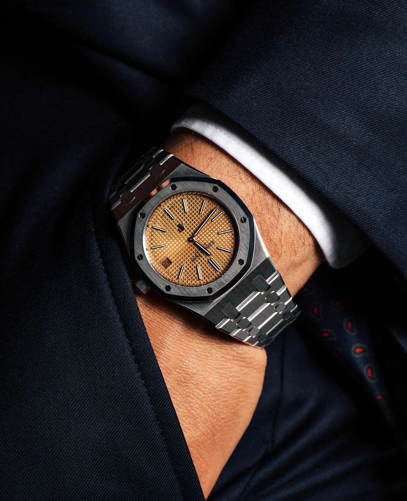 ap gold dial royal oak jumbo watch worn on wrist