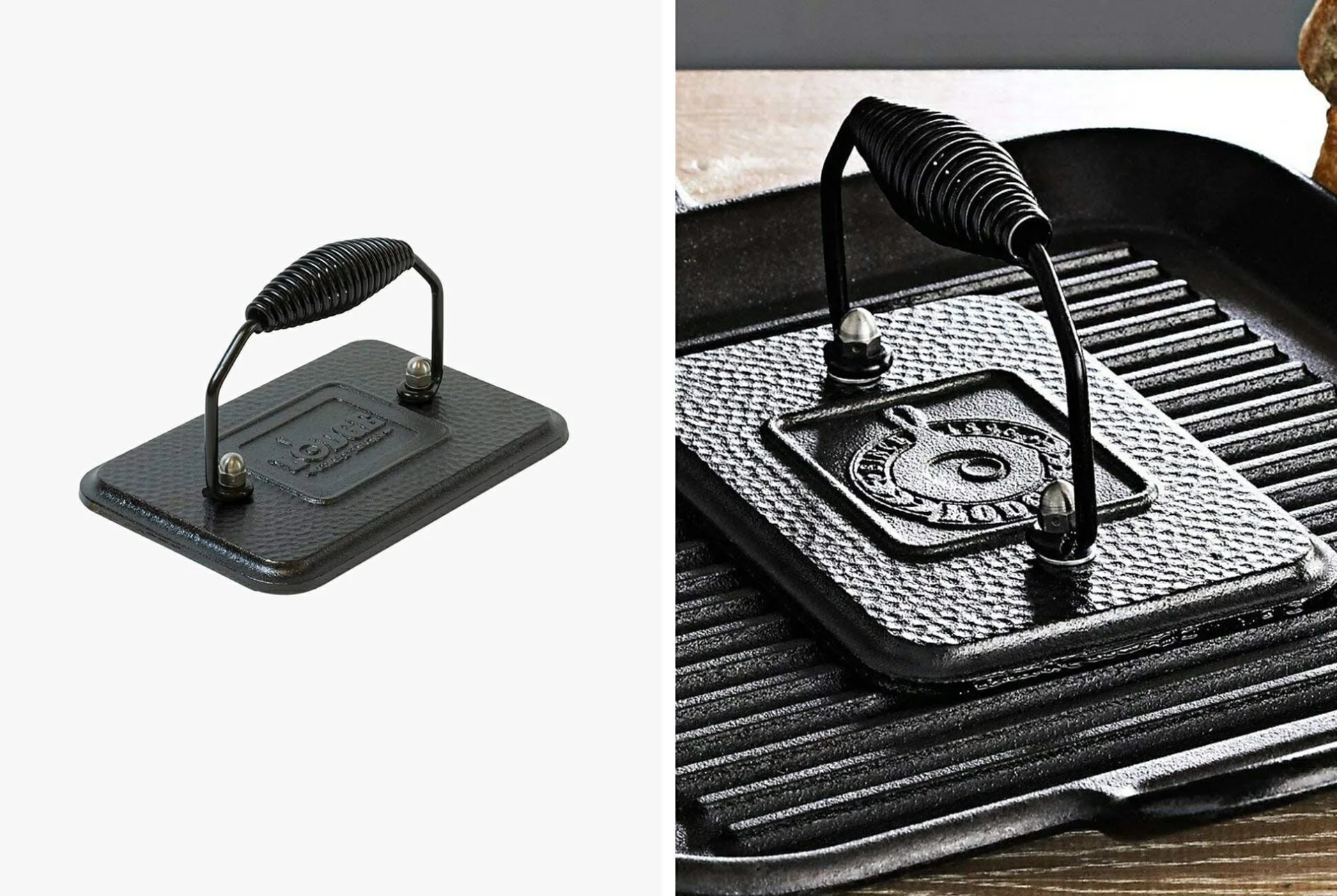 Lodge Rectangular Cast Iron Grill Press gear patrol full lead