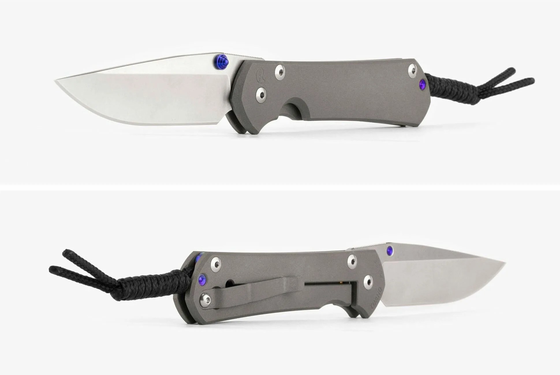 a pocket knife with a titanium handle and black lanyard viewed from two angles