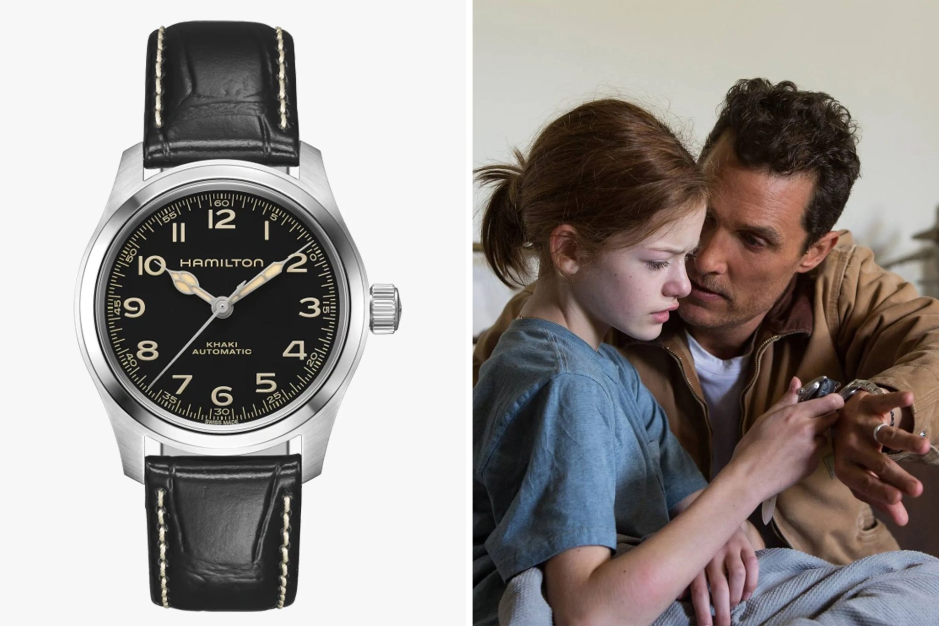 collage of matthew mcconaughey in interstellar next to a murph watch