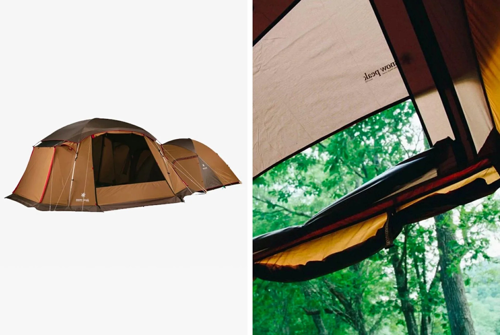 a large brown tent with a large window and a sun shade