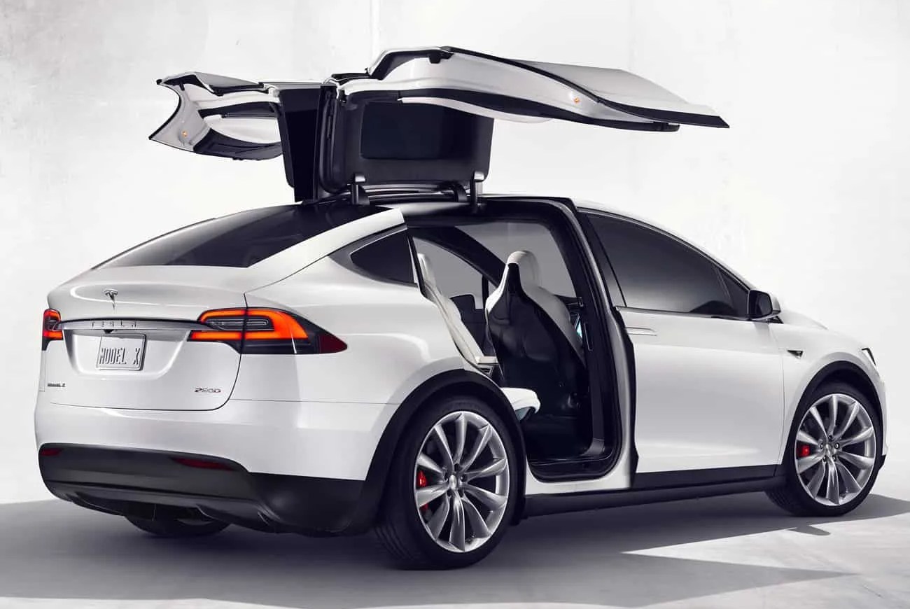 tesla model x with goofy rear doors open