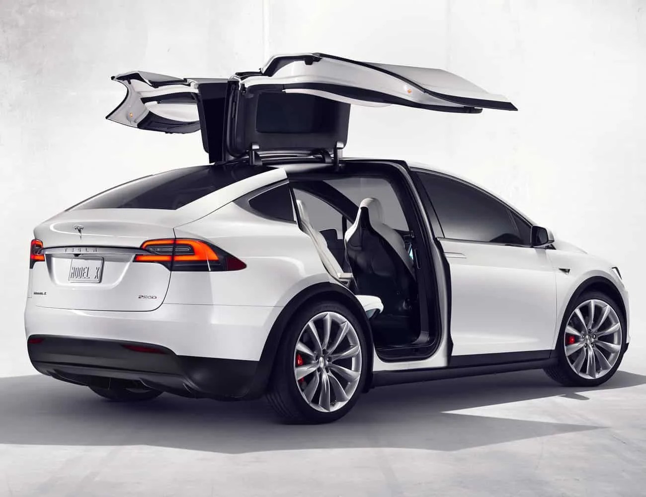 tesla model x with goofy rear doors open