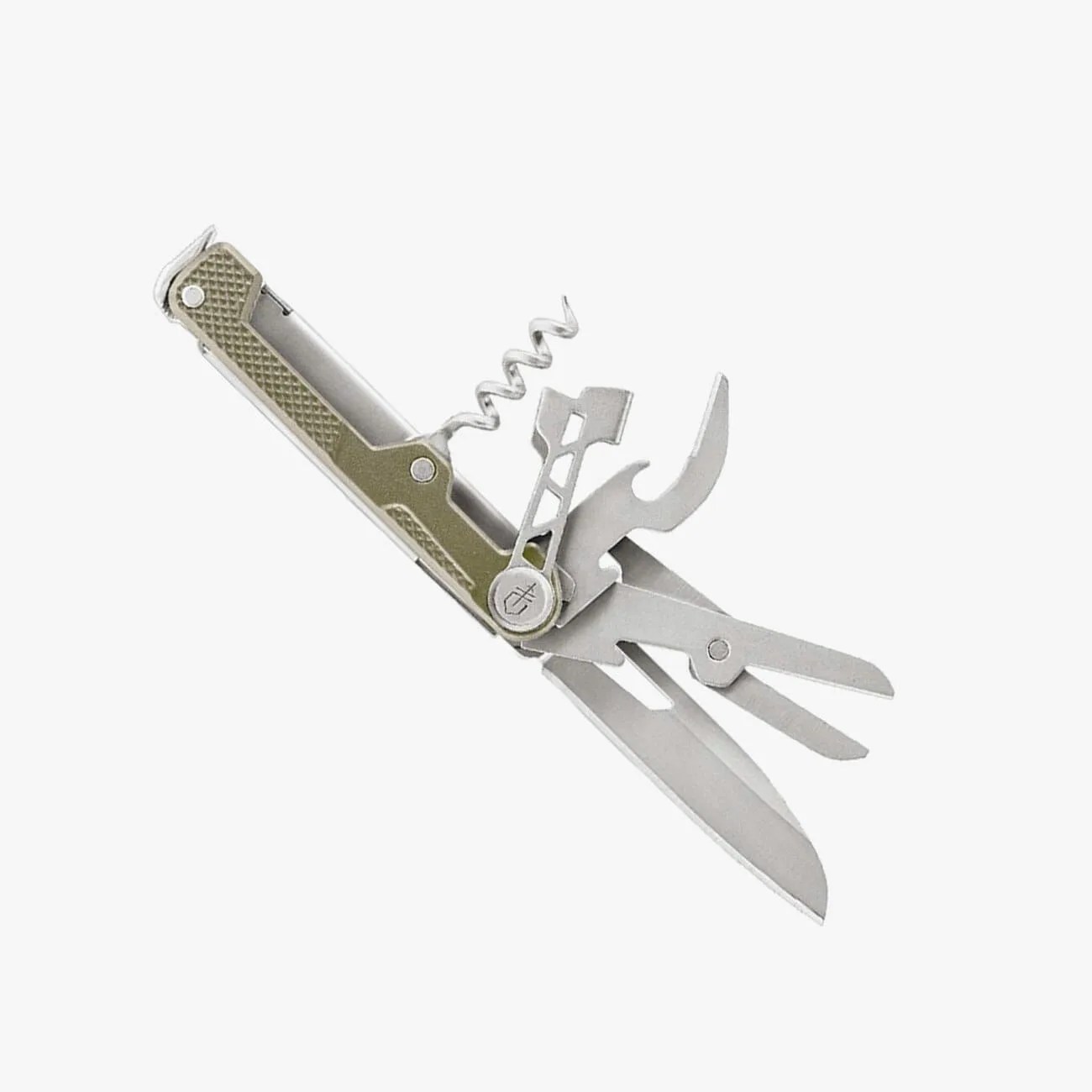 a multi tool with a green handle and a knife, scissors and corkscrew