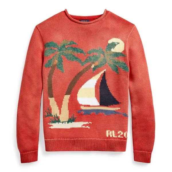 red sweater with palm trees and sail boat knit