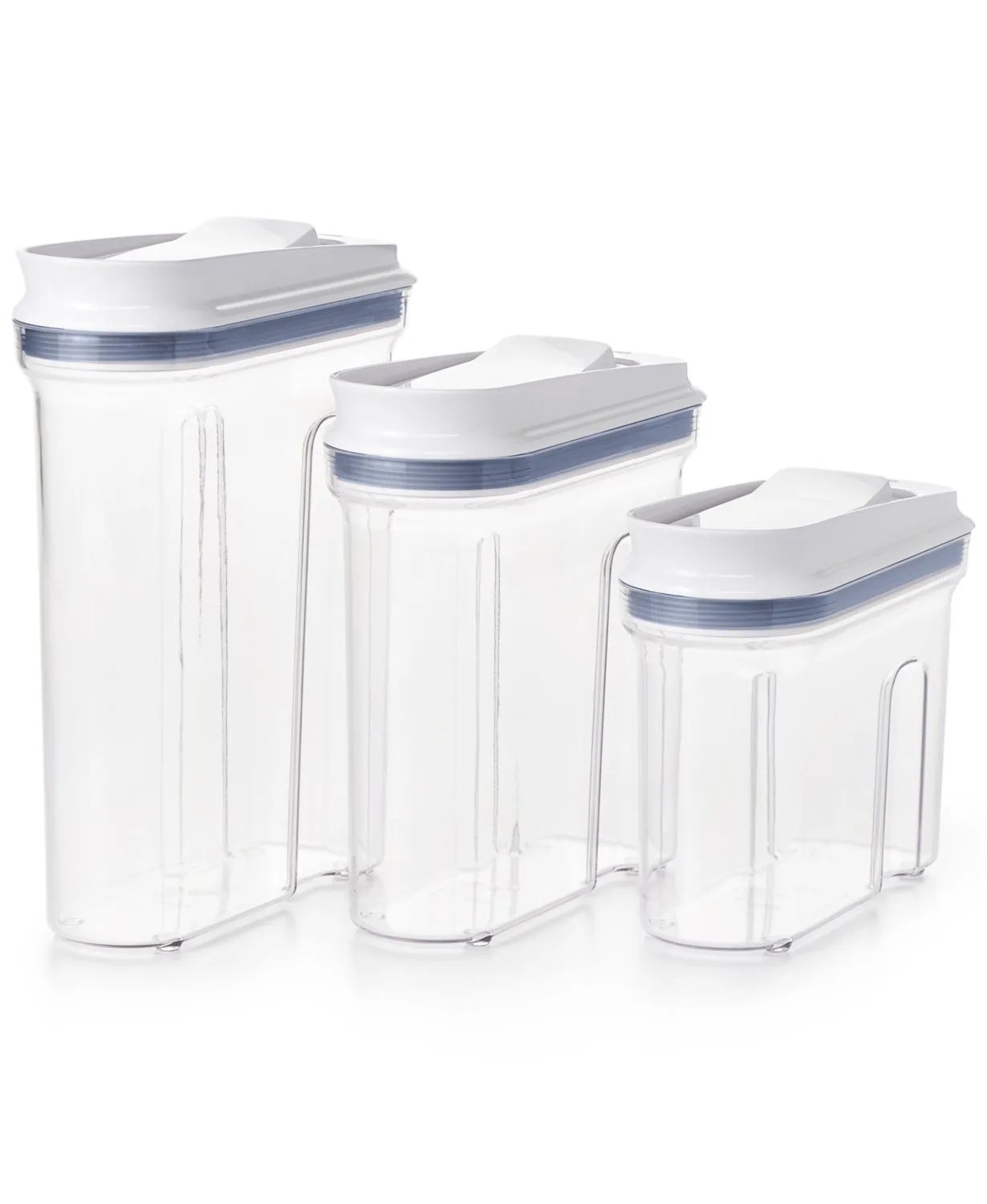 A 3 piece set of clear OXO storage containers with white tops.