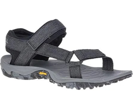 Black and gray full strap sandals on a white background.