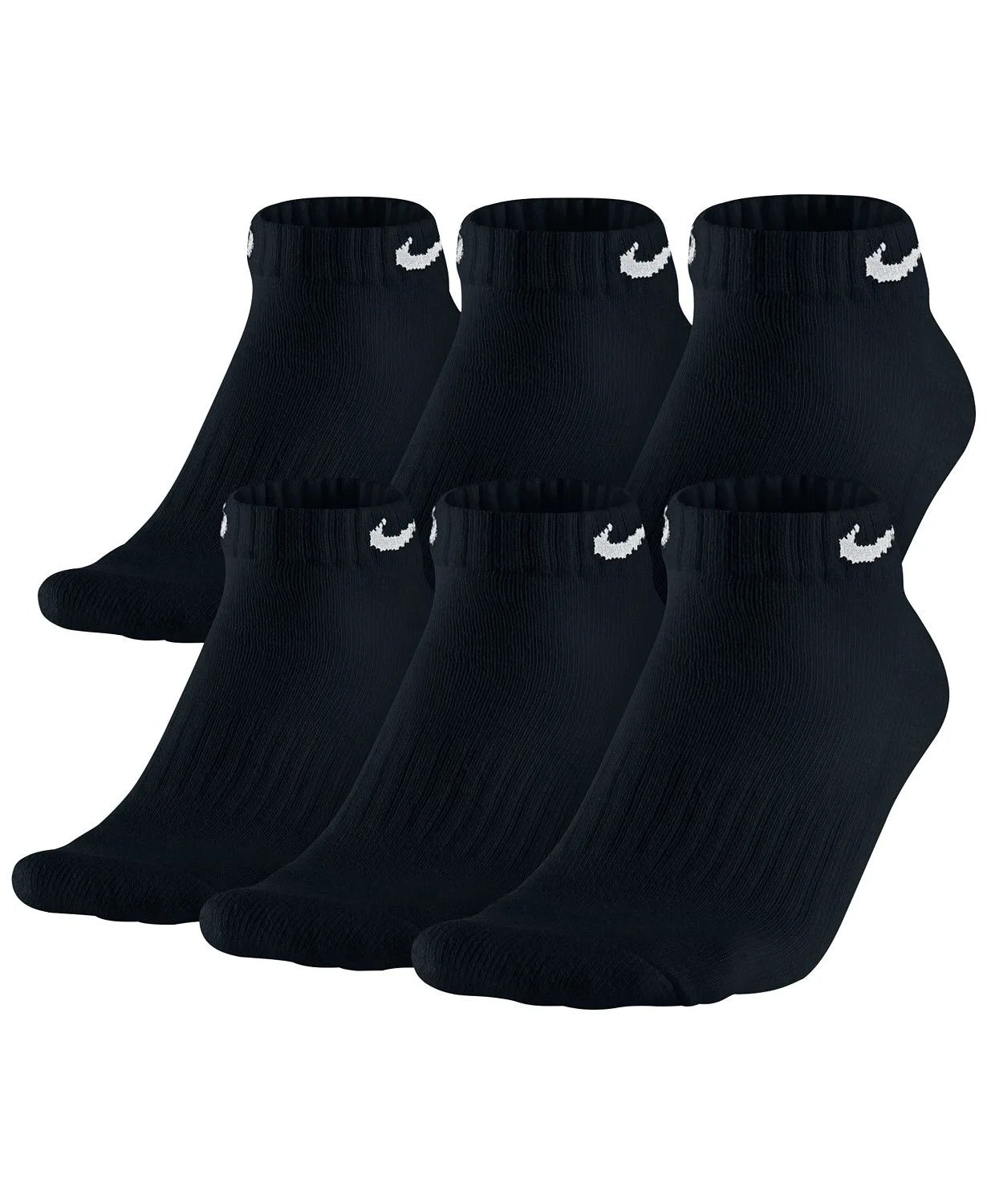 6 left-footed black Nike low-cut socks on a white background.