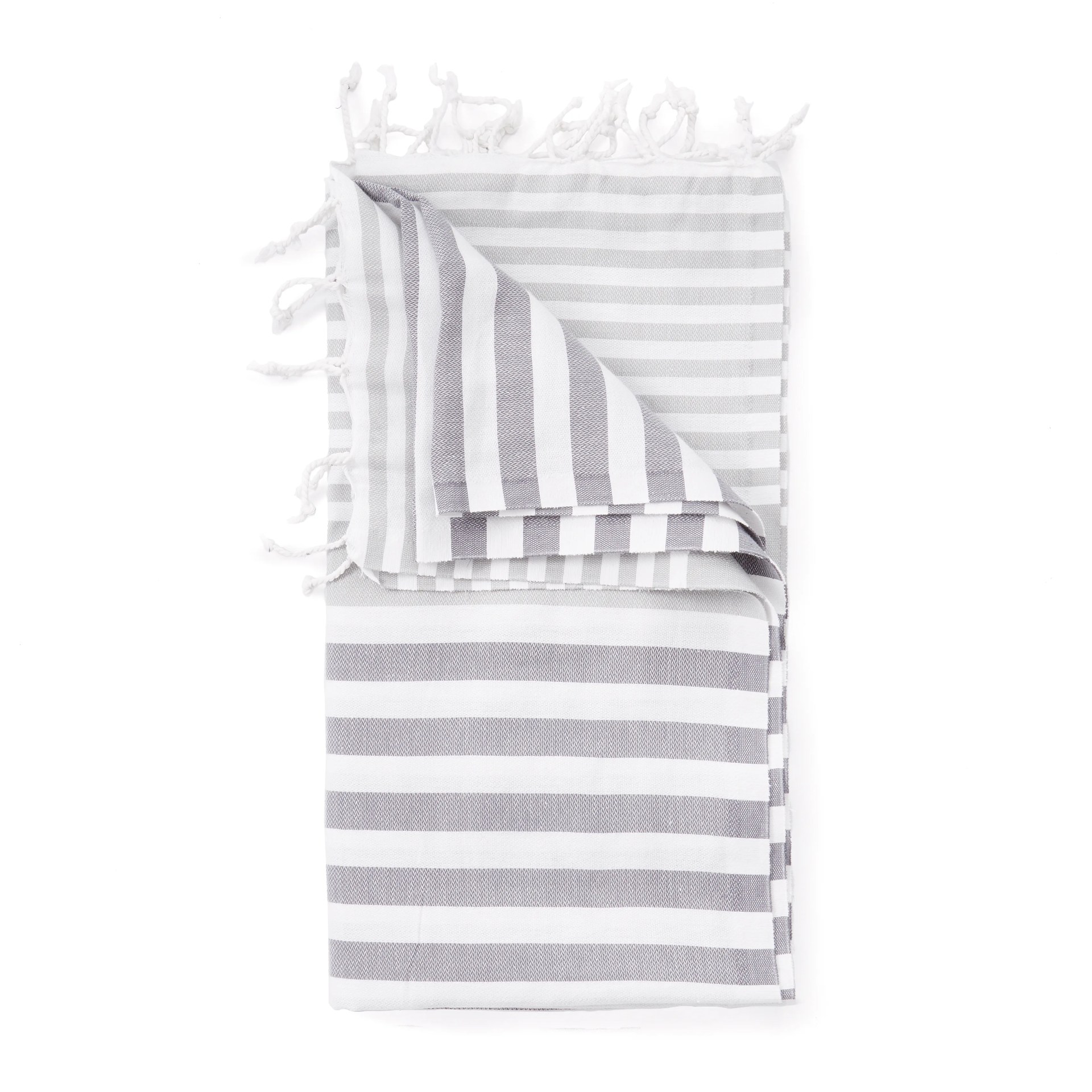 A grey and white striped Turkish towel on a white background.