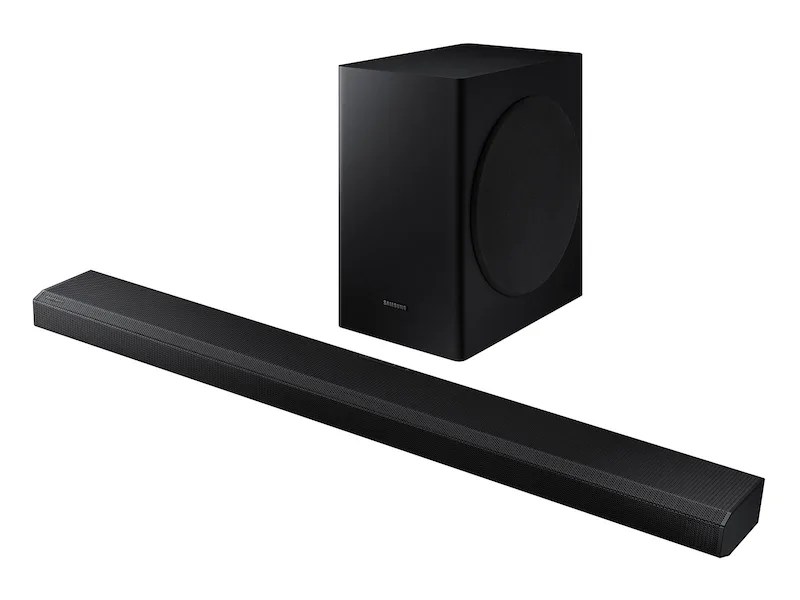 A black soundbar and subwoofer on a white background.