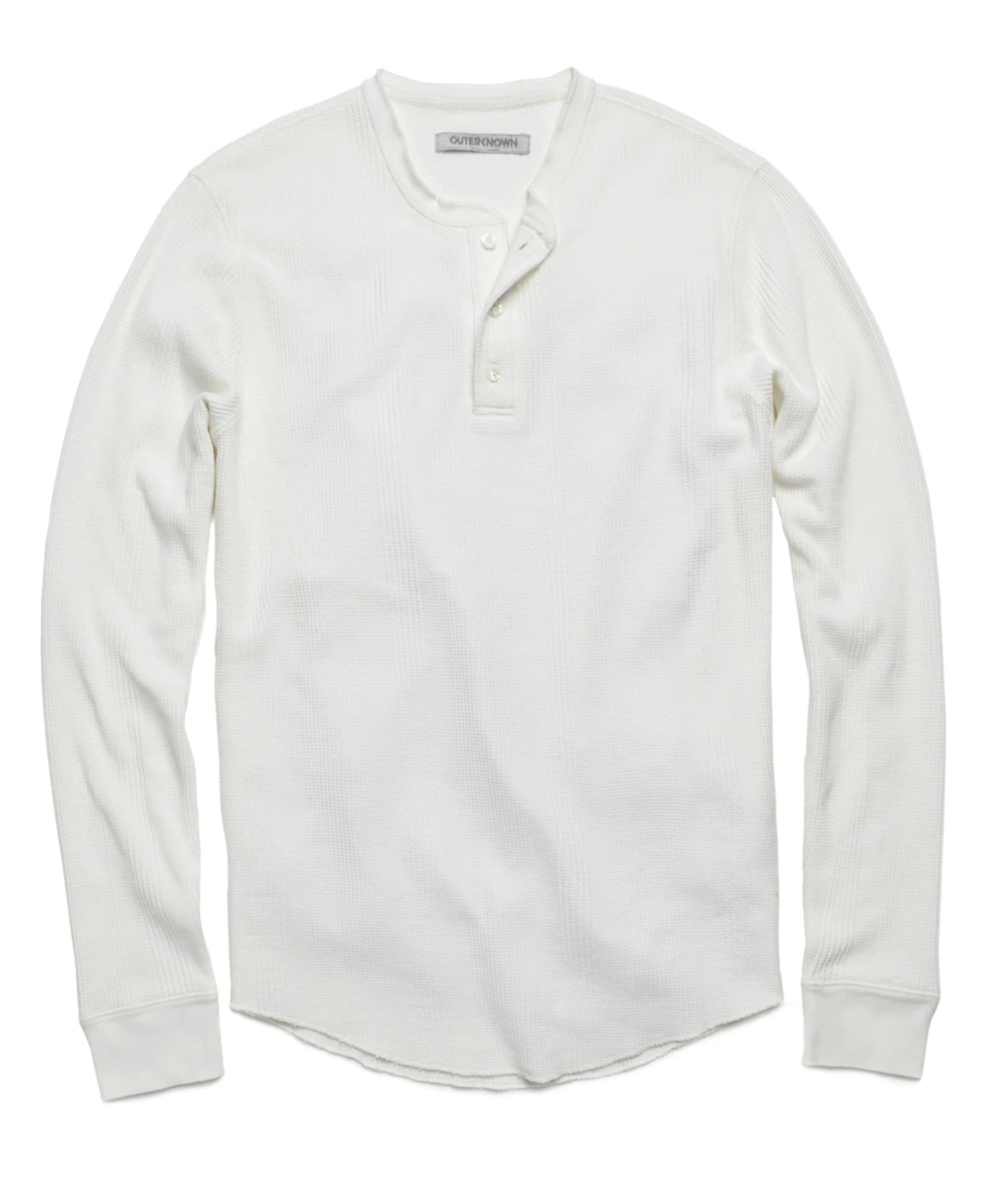 White thermal henley shirt on a white background.