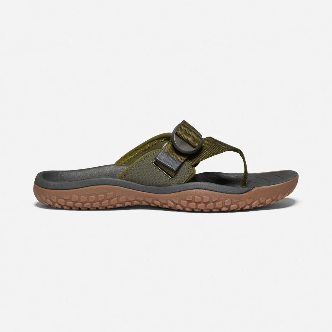 Olive sandals on a white background.