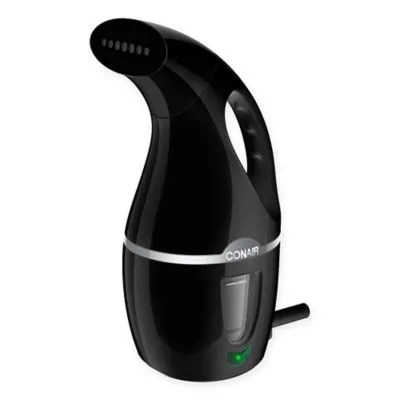 A black garment steamer on a white background.
