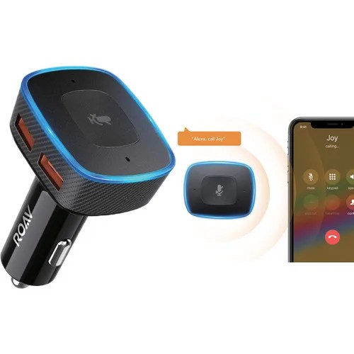 The Anker Roav Viva car phone charger, with Amazon Alexa capability, seen here paired with an Apple iPhone.