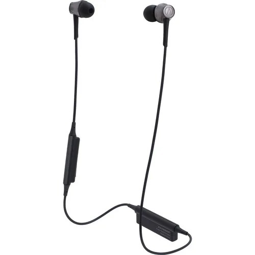 Black wireless in-ear headphones with connected wire on a white background.