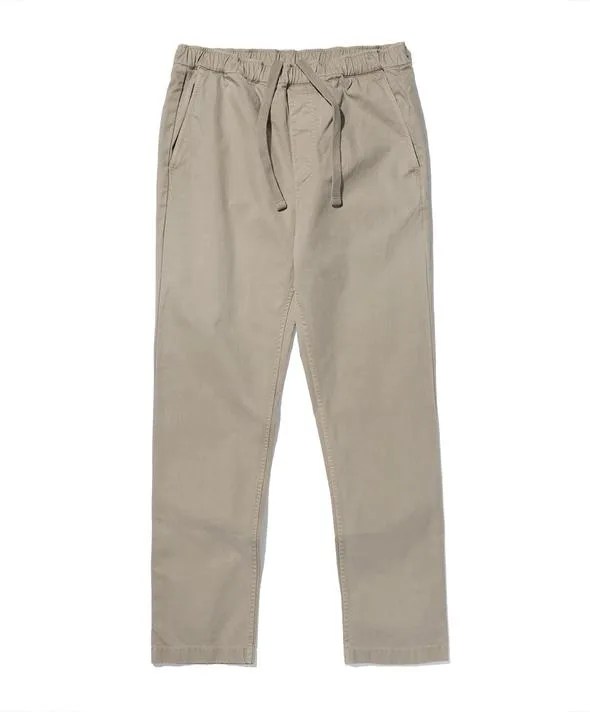 Khaki drawstring pants on a white background.