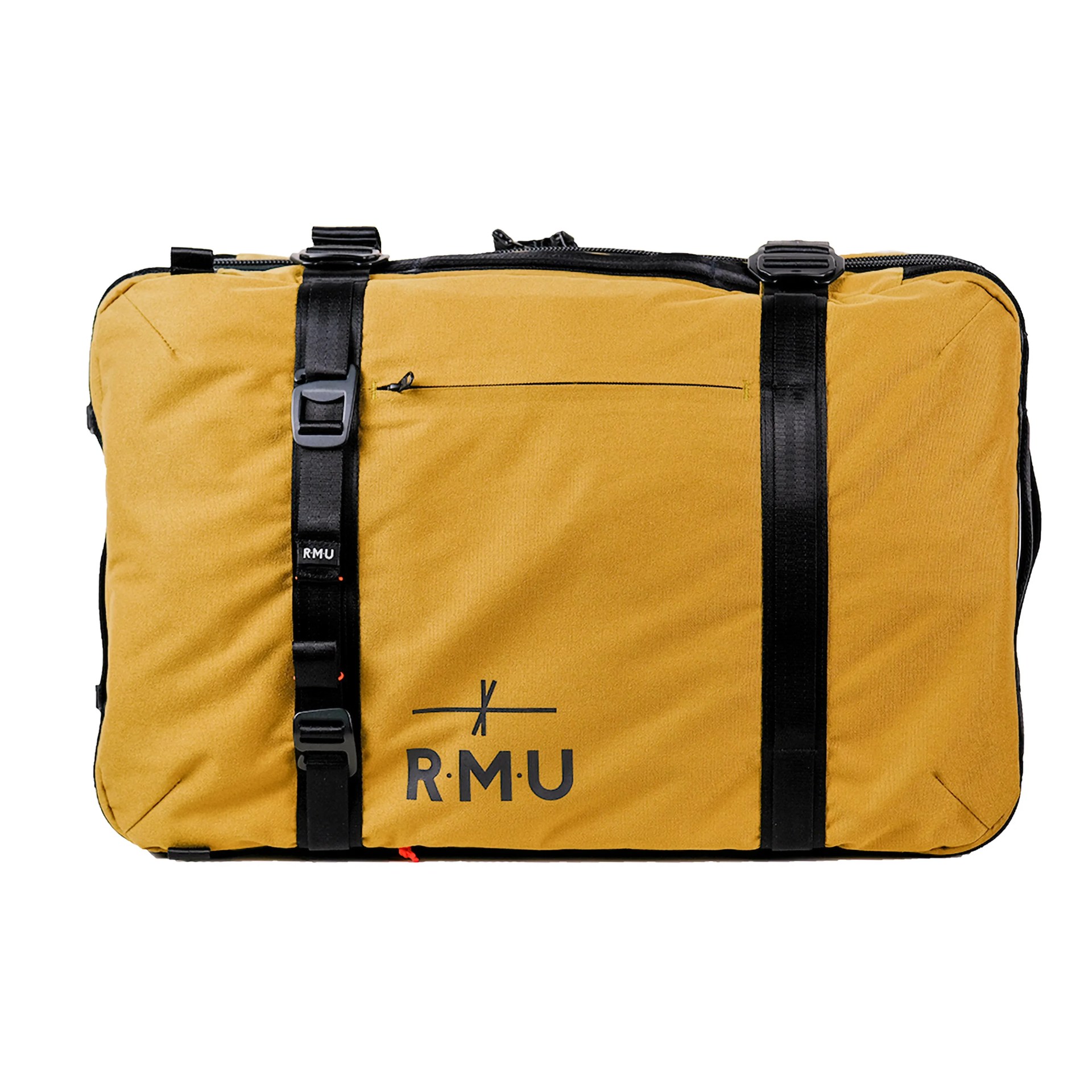 Yellow canvas travel bag with black straps on a white background.