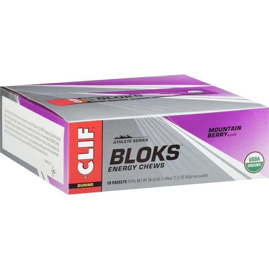 An 18-pack box of mountain berry flavor Clif Shot Bloks energy chews.