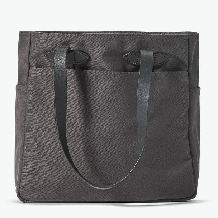 Gray tote bag with black handle on a white background.