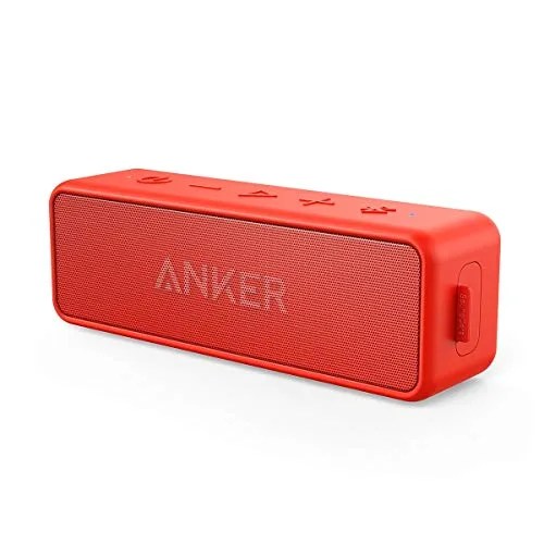 red portable bluetooth speaker on a white background